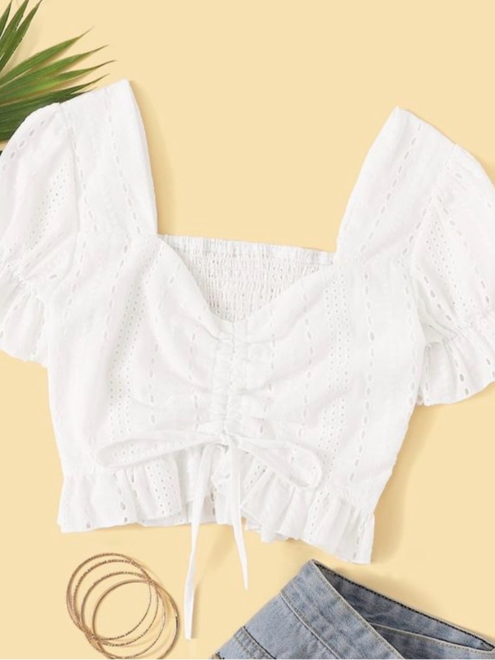 White Eyelet Ruched Tie-Front Puff Sleeve Crop Top